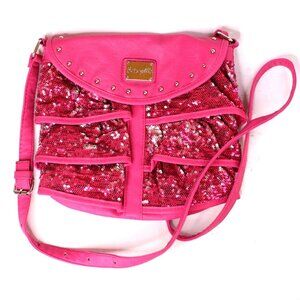 Betsey Johnson Betseyville Hot Pink Sequin Sparkly Ruffled Crossbody Bag Purse